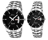 Jainx Day & Date Feature Analogue Couple Watch (Black Dial Silver Colored Chain)