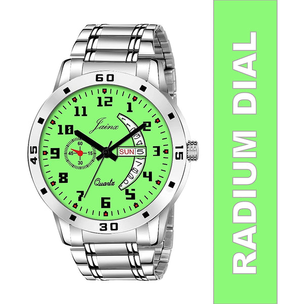 Jainx Stylish Day Date Function Radium Dial Steel Chain Analog Watch For Men JM7109