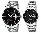 Jainx Day & Date Feature Analogue Couple Watch (Black Dial Silver Colored Chain)