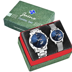 Jainx Couple'S Blue Dial Day & Date Function Stainless Steel Chain Analog Watch - JC479