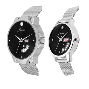 Jainx Couple'S Black Day & Date Function Dial Stainless Steel Chain Analog Watch - JC490