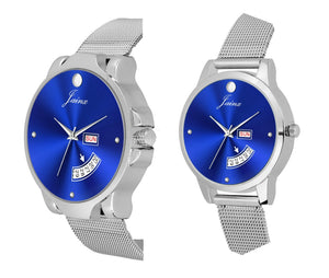 Jainx Couple'S Day & Date Function Blue Dial Stainless Steel Mesh Chain Analog Watch - JC491