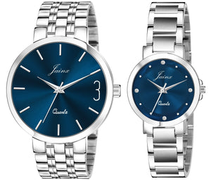 Jainx Blue Dial Steel Chain Gift Set Analog Wrist Watch for Couple - JC9404