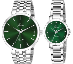 Jainx Green Dial Steel Chain Gift Set Analog Wrist Watch for Couple - JC9405