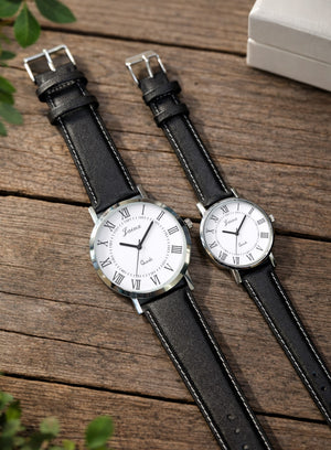 Jainx Black Leather Strap Corporate Gift Set Analog Wrist Watch for Couple -JC9410