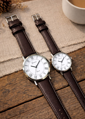 Jainx Brown Leather Strap Corporate Gift Set Analog Wrist Watch for Couple - JC9411