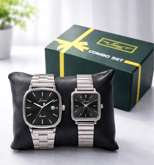 Jainx Black Square Shape Steel Chain Gift Set Analog Wrist Watch for Couple - JC9412