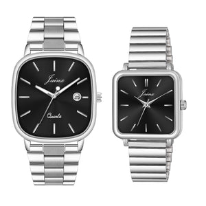 Jainx Black Square Shape Steel Chain Gift Set Analog Wrist Watch for Couple - JC9412