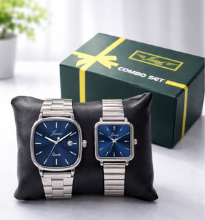 Jainx Blue Square Shape Steel Chain Gift Set Analog Wrist Watch for Couple - JC9413
