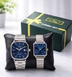 Jainx Blue Square Shape Steel Chain Gift Set Analog Wrist Watch for Couple - JC9413