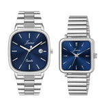 Jainx Blue Square Shape Steel Chain Gift Set Analog Wrist Watch for Couple - JC9413
