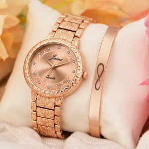 Jainx Rose Gold Stylish Bracelet Gift Set Combo with Analog Wrist Watch for Women - JGS013