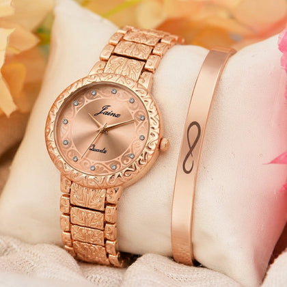 Jainx Rose Gold Stylish Bracelet Gift Set Combo with Analog Wrist Watch for Women - JGS013