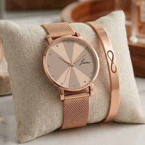 Jainx Rose Gold Stylish Bracelet Gift Set Combo with Analog Wrist Watch for Women - JGS014