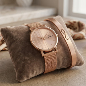 Jainx Rose Gold Stylish Bracelet Gift Set Combo with Analog Wrist Watch for Women - JGS017
