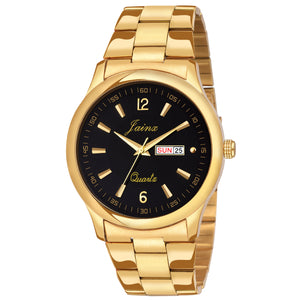 Jainx Premium Day & Date Feature Black Dial Golden Chain Analog Watch - For Men JM1132