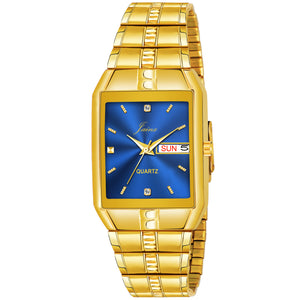 Jainx Blue Dial Premium Day And Date Feature Golden Analog Watch - For Men JM1152