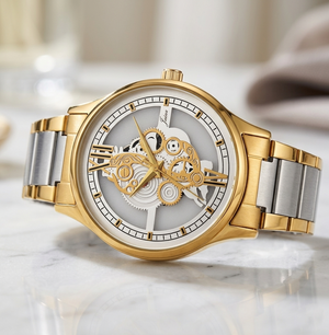 Jainx Premium Gold Plated Transparent Skeleton Dial Steel Chain Analog Wrist Watch for Men - JM1195