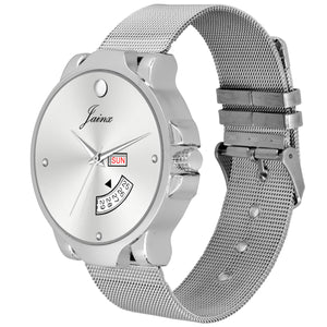 Jainx Silver Day & Date Steel Mesh Chain Analog Watch - For Men JM7117