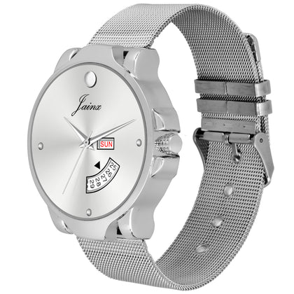 Jainx Silver Day & Date Steel Mesh Chain Analog Watch - For Men JM7117
