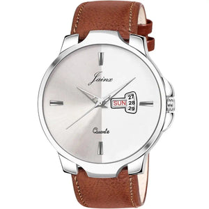 Jainx Brown Leatherette Strap Silver Day and Date Dial Analog Watch For Men
