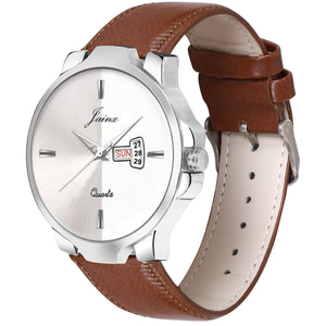 Jainx JM7133 Brown Leatherette Strap Silver Day And Date Dial Analog Watch - For Men