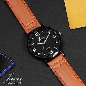 Jainx Stylish Men'S Analog Watch: Black Dial With Brown Leather Strap - JM7141