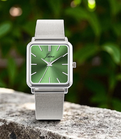 Jainx Minimalist Square Green Dial Steel Chain Analog Wrist Watch for Men - JM7216