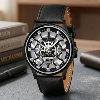 Jainx Transparent Skeleton Dial Leather Strap Analog Wrist Watch for Men - JM7253