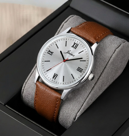 Jainx JM7258 tan leather strap watch for men with silver analog dial.
