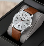 Jainx JM7258 tan leather strap watch for men with silver analog dial.
