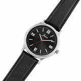 Jainx JM7259 black leather strap watch for men with black analog dial and silver case
