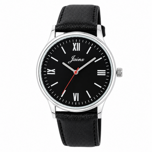 Jainx JM7259 black leather strap watch for men with black analog dial and silver case

