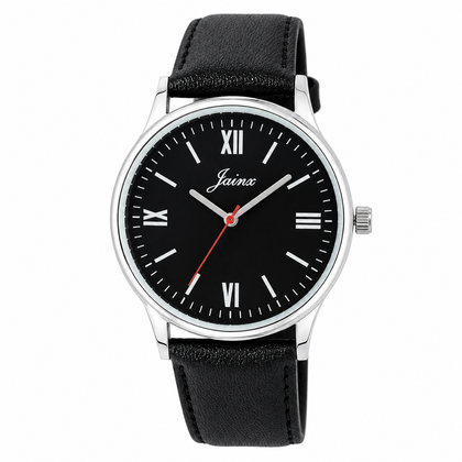 Jainx JM7259 black leather strap watch for men with black analog dial and silver case
