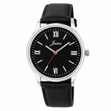 Jainx JM7259 black leather strap watch for men with black analog dial and silver case
