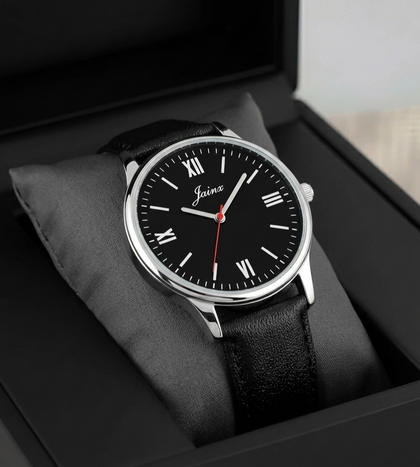 Jainx JM7259 black leather strap watch for men with black analog dial and silver case
