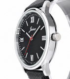 Jainx JM7259 black leather strap watch for men with black analog dial and silver case

