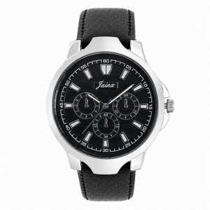 Analog watch for men under 500 with black dial and leather strap