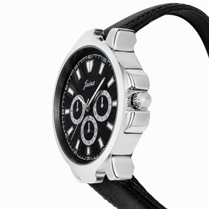 Analog watch for men under 500 with black dial and leather strap