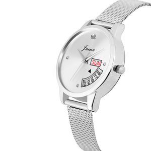 Jainx Silver Day & Date Function Steel Mesh Chain Analog Watch - For Women JW596