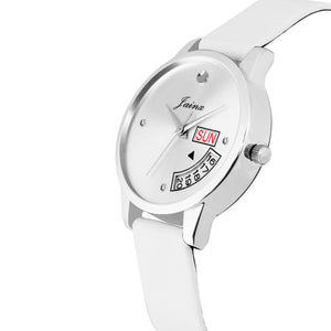 Jainx Silver Day & Date Function Genuine Leather Strap Analog Watch - For Women JW600