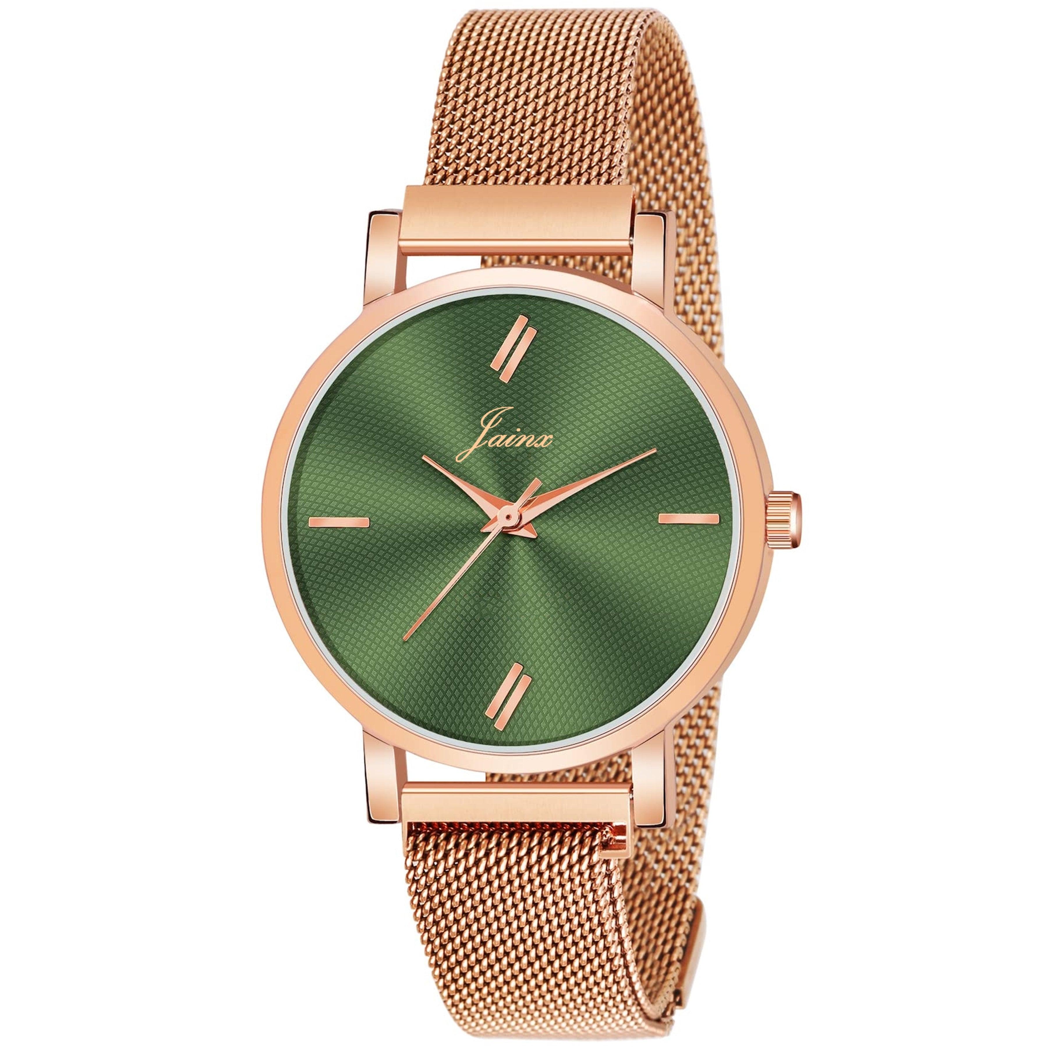 Jainx Green Dial Rose Gold Mesh Chain Analog Wrist Watch for Women - JW8555 - Jainx Store