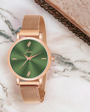 Jainx Green Dial Rose Gold Mesh Chain Analog Wrist Watch For Women - JW8555