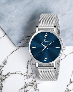 Jainx Blue Dial Silver Mesh Chain Analog Wrist Watch For Women - JW8556
