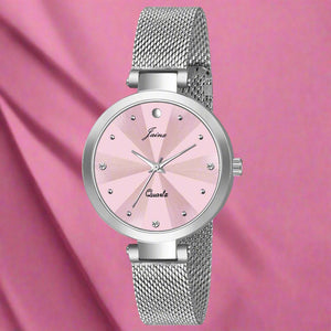 Pink Dial Steel Mesh Chain Analog Watch For Women - JW8583 - Jainx Store