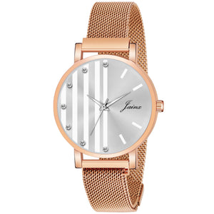 Jainx Silver Dial Rose Gold Mesh Chain Analog Wrist Watch For Women - JW8610