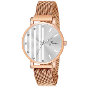Jainx Silver Dial Rose Gold Mesh Chain Analog Wrist Watch For Women - JW8610