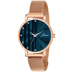 Jainx Blue Dial Rose Gold Mesh Chain Analog Wrist Watch For Women - JW8611