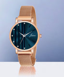 Jainx Blue Dial Rose Gold Mesh Chain Analog Wrist Watch For Women - JW8611