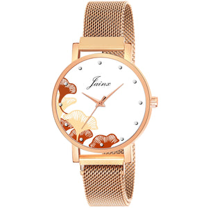 Jainx Rose Gold Mesh Strap White Dial Wrist Watch For Women - JW8618